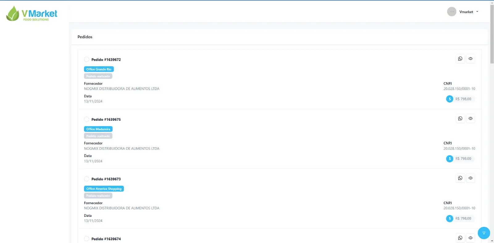 Tela VMarket para receber pedido via app e registrar divergências